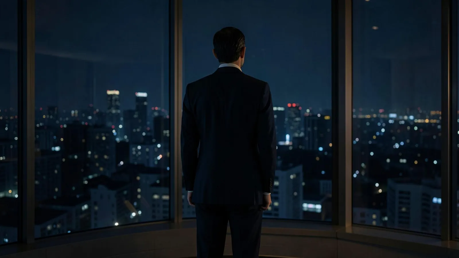 A security professional overlooking a city skyline at night